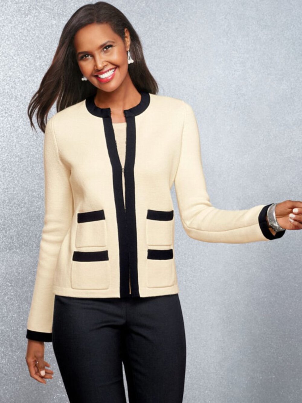 Talbots. 2X. Cream and Black Trim Open-Front Knit Blazer Coco Channel Look